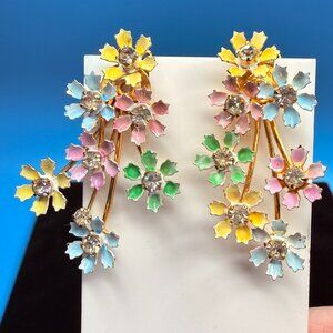 Vintage Flower Floral Climber Clip On Rhinestone Enamel Earrings